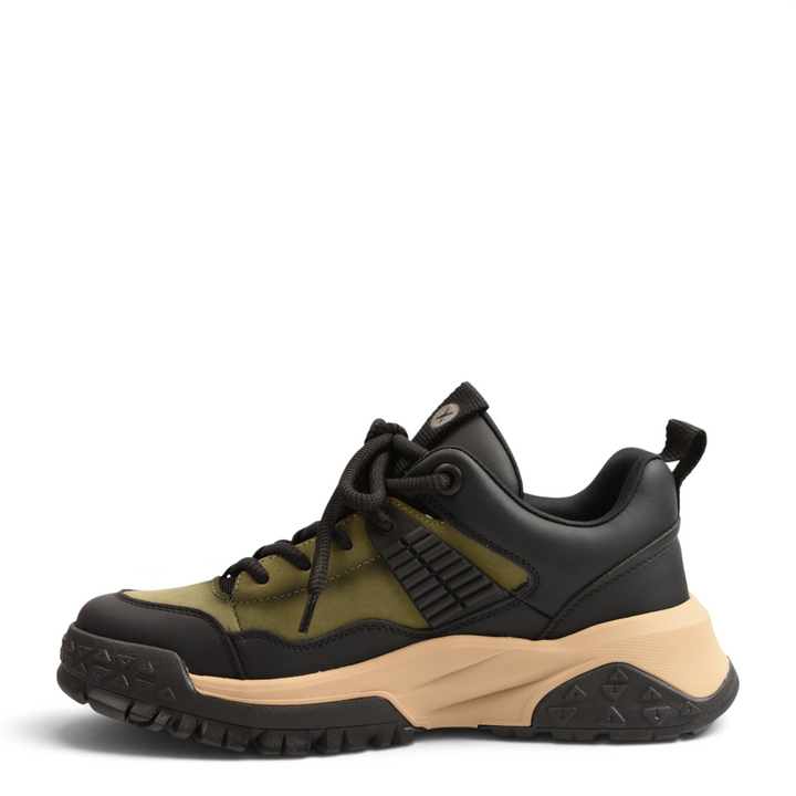 ada-shoes.ro Gryxx chunky sneakers in olive green nubuck and black leather with a robust beige sole.
