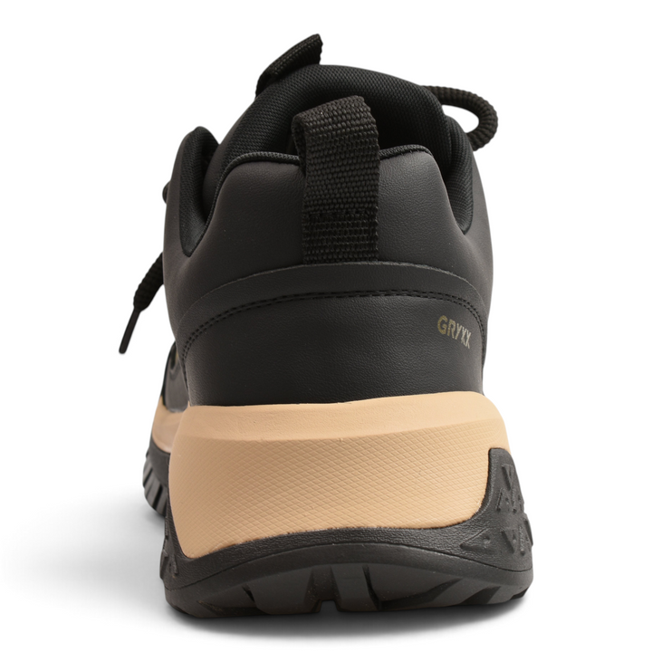 ada-shoes.ro Gryxx chunky sneakers in black with a robust beige sole, rear view showing heel detail and pull tab.