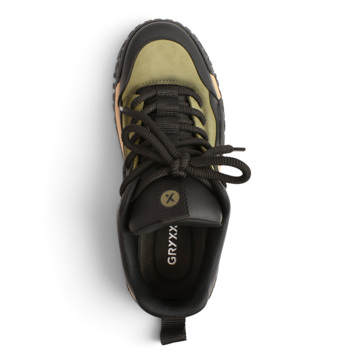 Top view of Gryxx LN7-A-K chunky sneakers in olive green nubuck and black leather from ada-shoes.ro