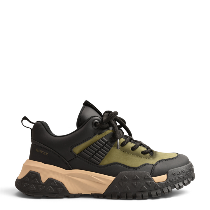 ada-shoes.ro Gryxx chunky sneakers in olive green nubuck and black leather with a robust beige and black lug sole.