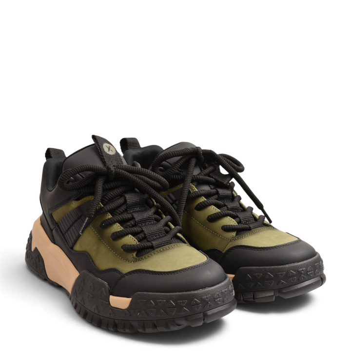 ada-shoes.ro Gryxx chunky sneakers in olive green nubuck and black leather with a thick beige sole.