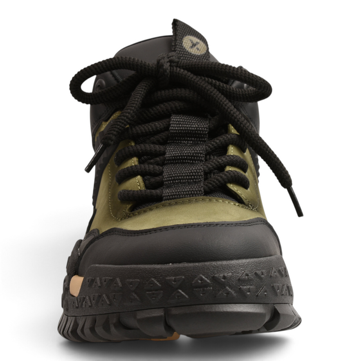ada-shoes.ro Gryxx LN7-A-K chunky sneakers in olive green nubuck and black leather with a robust treaded sole.