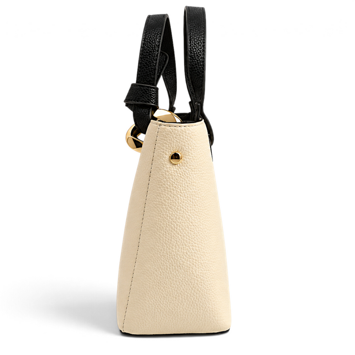 ada-shoes.ro Epica cream and black faux leather handbag with gold hardware and knotted handle detail, side view