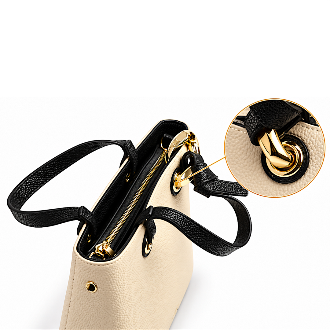 ada-shoes.ro Epica cream and black faux leather handbag with gold metal hardware and top handles