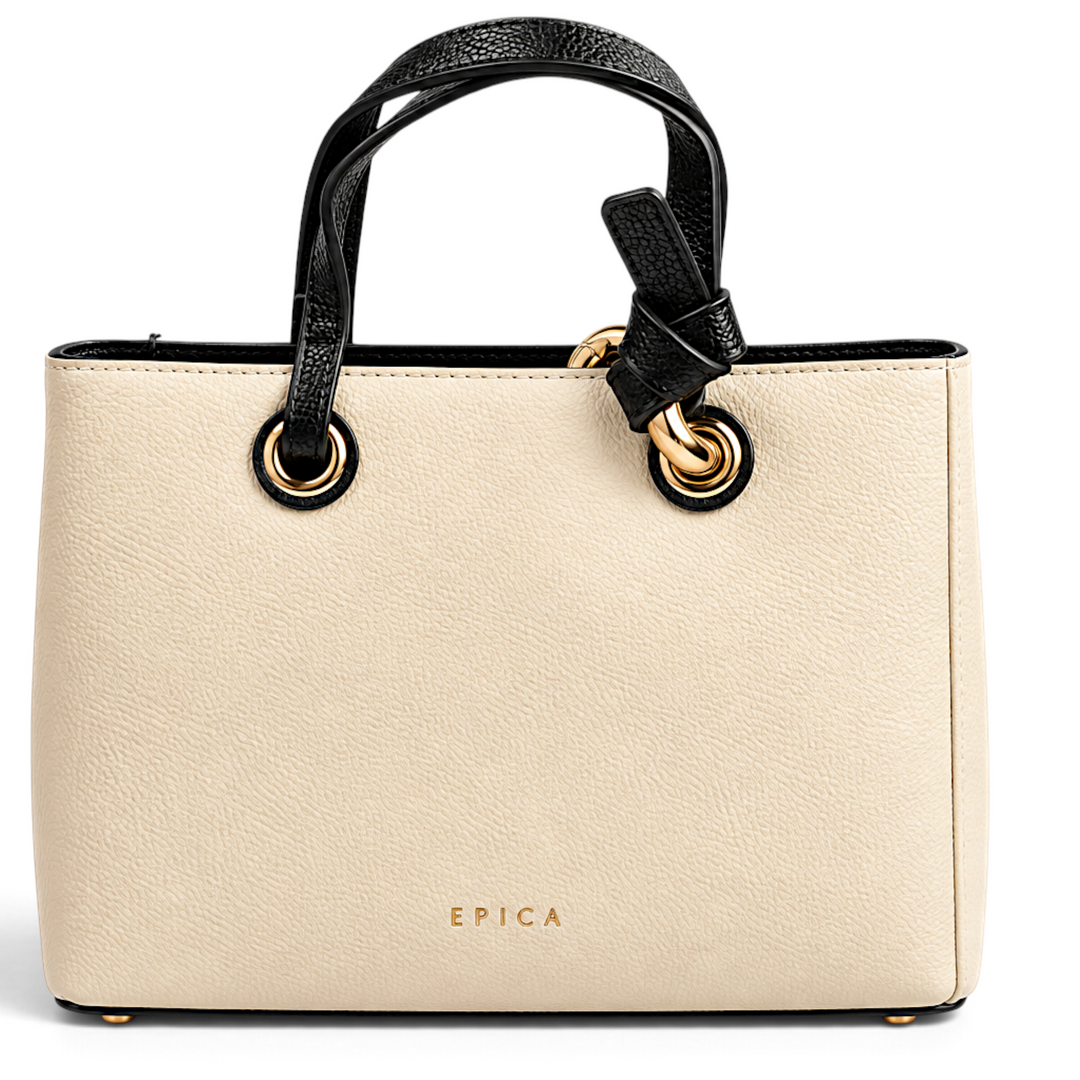 ada-shoes.ro Epica cream faux leather handbag with black handles, gold metal accents, and knot detail on white background