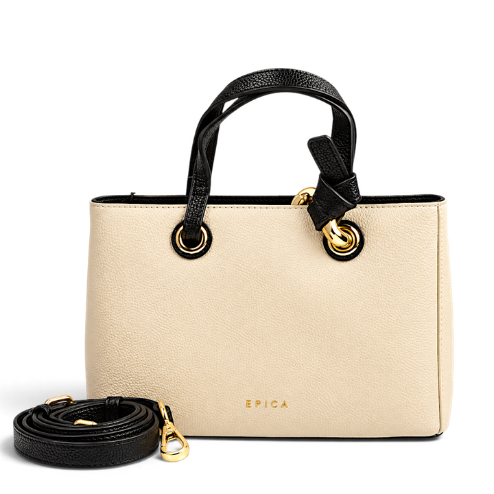 ada-shoes.ro Epica cream and black faux leather handbag with gold hardware, top handles, and detachable shoulder strap.