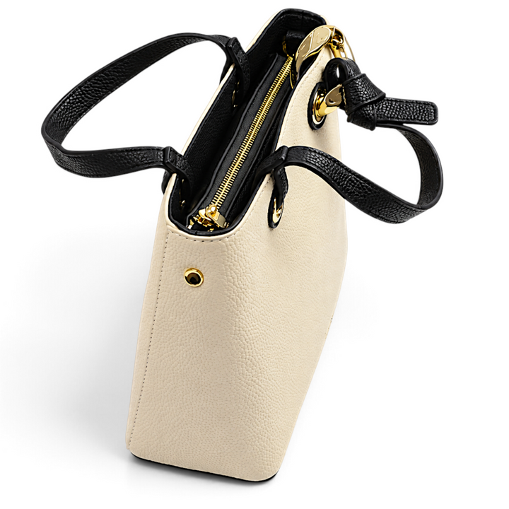 ada-shoes.ro Epica cream and black faux leather handbag with gold metal hardware and knot detail on handles