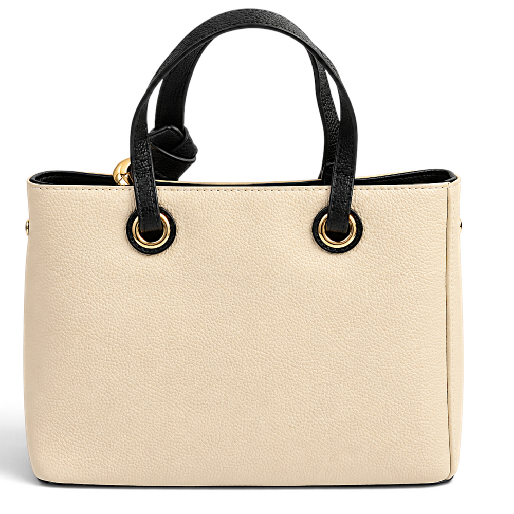 ada-shoes.ro Epica cream faux leather handbag with black handles, gold metal accents, and a structured design.
